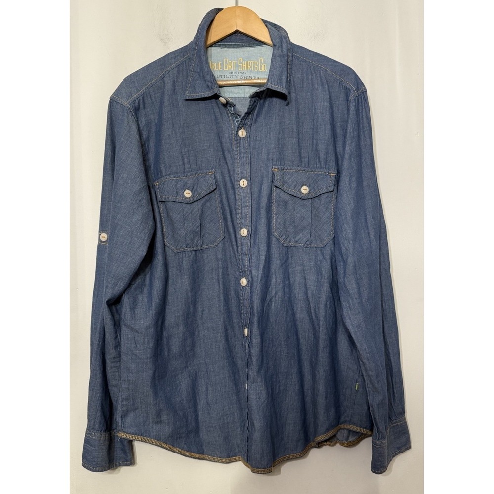 True Grit Mens‎ Blue Chambray Western Shirt Button Front Long Sleeve Blue Large